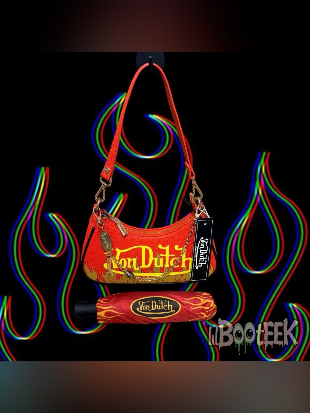Von Dutch Red Gold Flame Shoulder Bag w Chain Detail & Matching Umbrella Y2K SET